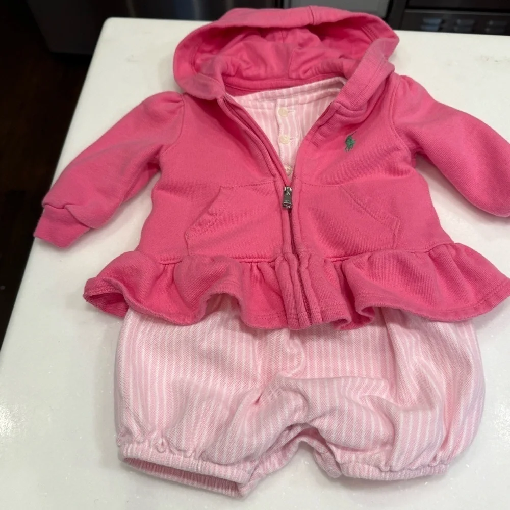 Ralph Lauren Baby Girt 2 PCS Set Pink & White Romper & Hoodie Sz 3M EUC